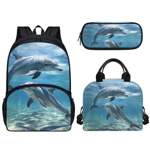 Set di 3 borse per la scuola per bambini e ragazze grande capacità con cerniera a spalla contenitore per il pranzo a tenuta stagna portapranzo Delfino
