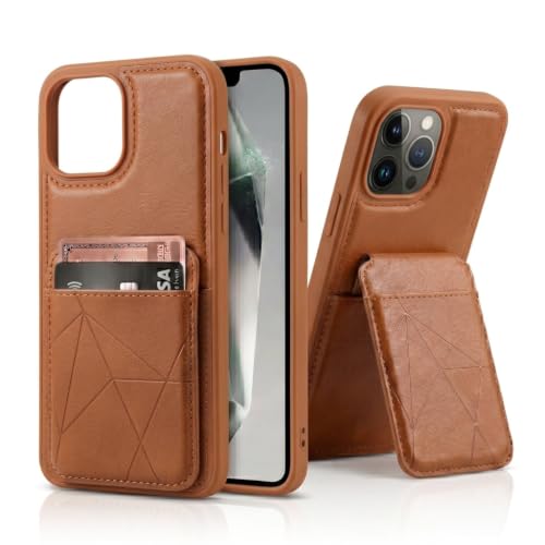 Image of amazon basics Premium Vegan Leather Back Cover with Card Holder and Integrated Mobile Stand for iPhone 13 Pro Max - Slim Shockproof Wallet Case with Geometric Stitching [Tan]