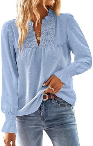 TUUHAW Langarmshirt Damen Boho Bluse Elegant Top Oberteile V-Ausschnitt | Fließend Elegant, T Shirt Süß, Lässig Outfits, Frühling Winter Herbst, Longshirt Spitze Kleidung, Paspel V