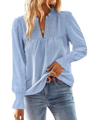 Falechay Plus Size Tops for Women Ruffle Sleeve Womens Blouses V Neck Spring Dressy Casual Flowy Bohemian Shirts Blue 2XL