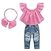 Einfarbiges Oberteil Mit Einer Schulter FüR MäDchen + Zerrissene Jeansimitathose + Kopfbedeckung Mit Schleife 3-Teiliges Set JubiläUmsfoto Cooles Baby FrüHlingsausflug Alltagskleidung,Rosa,80