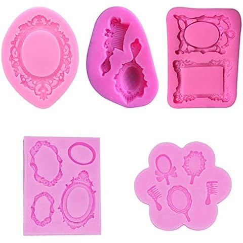 SIMUR Mirror Frame Silicone Fondant Molds, 5PCS Lace Photo Frame Candy Mold Vintage Oval Mirror Frame Picture Silicone Chocolate Molds for Sugarcraft Cake Decorating, Gum Paste,Cookies, Resin Cover