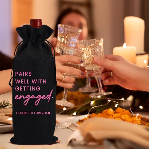 Image of Engaged Engagement Gifts for Couples Her Engagement Party Decorations | Engaged Wine Bag for Couple Women Pairs Well with Getting Engaged Wine Accessory Sets Black