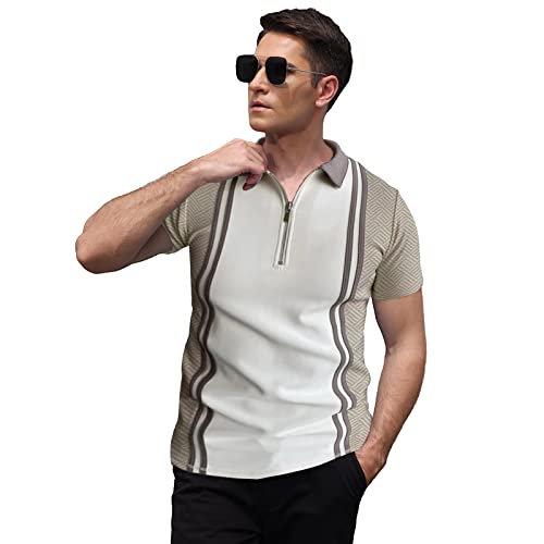 Thusfar Mens Short Sleeve Shirts Casual Slim Fit Golf Polo Shirt V-Neck Turn-Down Collar Zipper Quick Dry Active Shirts Beige Xl #TOP1