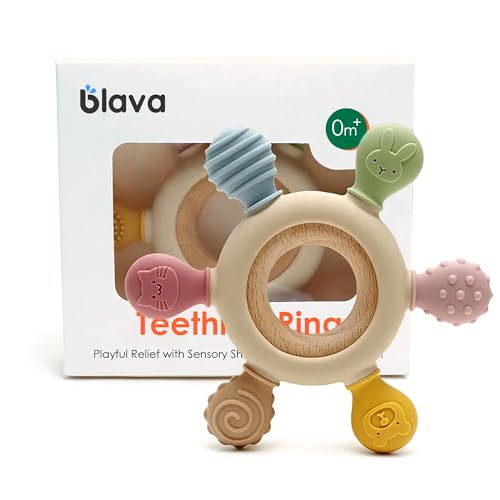 BLAVA Mordedor Bebe | Alivia Dolor de Dientes y Ansiedad | Mordedores bebes 3-6meses con Texturas Sensoriales | Juguete Bebe 0-3 Meses hecho de Silicona Hipoalergénica y Madera Apto en Frío, Sin BPA
