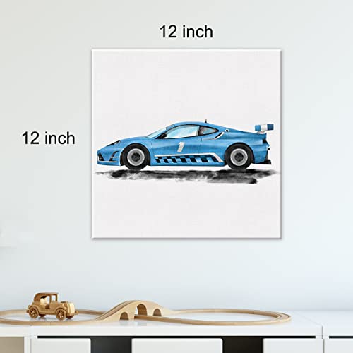 Yeley Racing Car Print Paintings Canvas Wall Art 12X12 Watercolor Race Car Poster Canvas Transportation Nursery Artwork Ready To Hang Home Playroom Decor (Blue) #TOP1