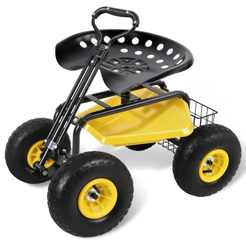 Sekey Garden Cart Rolling Workseat, Heavy Duty Garden Scooter with 360° Swivel Seat & Adjustable Height, Tool Tray & Storage Basket, 440 lbs Capacity, All-Terrain Wheels, for Seniors & Gardeners