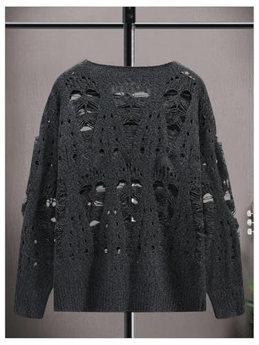 WDIRARA Men's Ripped Distressed Sweater Crewneck Long Sleeve Pullovers Oversized Hollow Out Knit Top Gothic Punk Rock Emo2