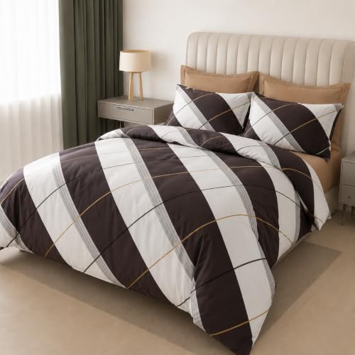 Image of DECOR2ADMIRE 300 TC Super King Size Glace Cotton Printed Bedsheet with 2 Pillow Covers - 108 inch x 108 inch (275cm x 275cm) - Available in Multiple Elegant Designs (Grey Check Print)