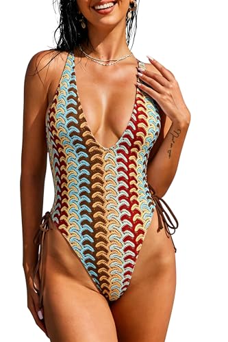 Image of ZAFUL Women Plunging One Piece Swimsuit Backless Cross Tie High Cut Thong One-Piece Bathing Suit