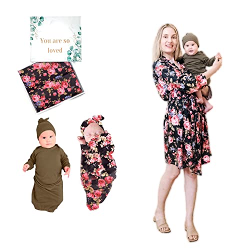 Image of RNOONY Mommy and Me Robe and Swaddle Set M/L Color Black, Maternity Robe and Matching Baby Set, 2 Matching Hospital Outfits Nursery-Swaddling-Blankets for Boys Girls