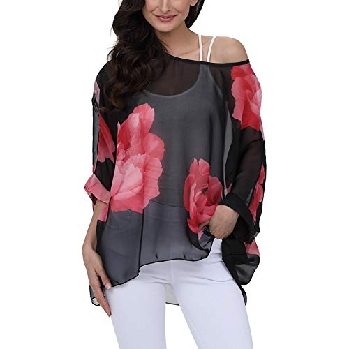 Image of Ckikiou Plus Size Batwing Flowy Semi Sheer Chiffon Blouse Tunic for Women Summer Floral Print Boho Beach Cover ups