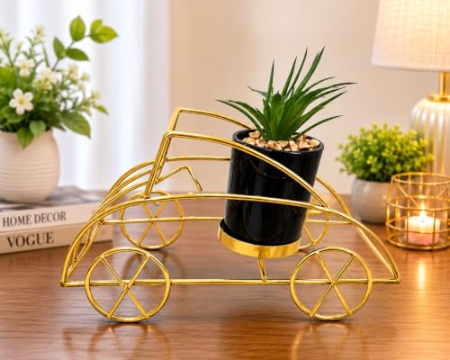 Image of Metal Car Planter with Artificial Plant | Decorative Tabletop Showpiece for Home & Office | Gold & Black Modern Desk Decor