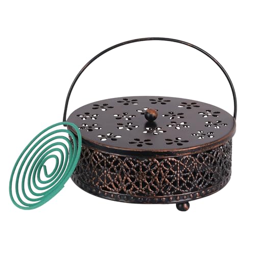 Portable Mosquito Coil Holder hogardeck 6.3 Round Fireproof Metal Mosquito Incense Holder with Handle Retro Hollow Incense Burner Yard Art for Lawn Garden Patio (Bronze 1 Pack)