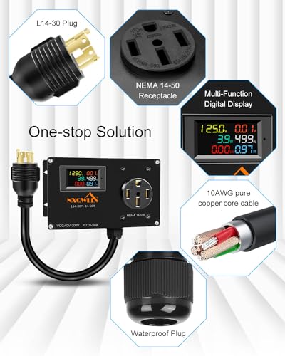 Image of 50A AC Power Meter, L14-30P to NEMA 14-50R Outlet Monitor for Generator, 240V LCD Display Digital Multimeter Tester, 30A to 50A Multifunction Energy Monitor