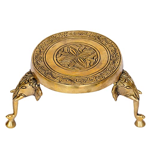 Image of eCraftIndia Golden Brass Chowki with Elephant Design Legs | Decorative Traditional Chowki for Idols & Rituals, Home Temple Gift Housewarming Birthday