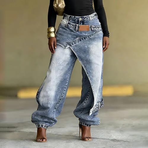 Pantalon asymétrique délavé à coupe ample style décontracté vintage