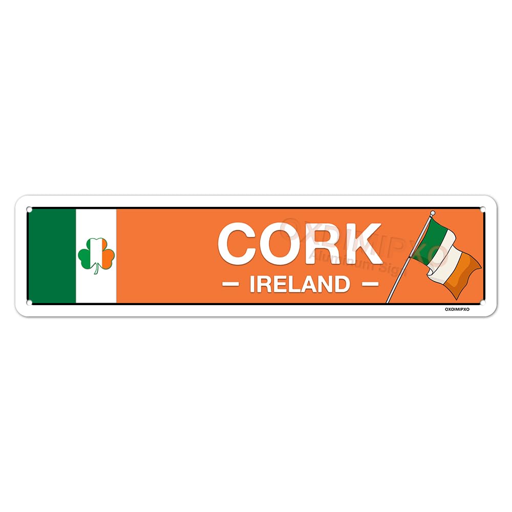 Irish Pub Decor - Cork, Ireland, Flag, Clover, Gifts - Irish Street Sign - Metal City Signs, Home/Kitchen/Living Room/Man Cave/Bar/Office/Cafe Wall Art Decoration - Aluminium - 4x16 Inches