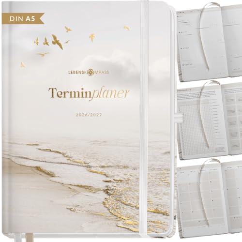 Lebenskompass Kalender 2026 2027 A5 Sanf - Terminplaner Juli 2026 bis Dezember 2027 - 18 Monate Wochenplaner & Buchkalender mit Achtsamkeit Hardcover mit Goldprägung
