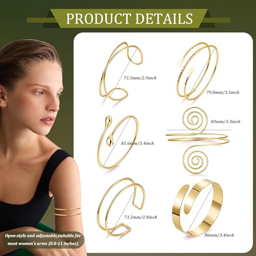 6PCS Gold Arm Cuff for Women Upper Arm Cuff Bracelets Adjustable Open Cuff Bangle Bracelet Minimalist Coil Swirl Upper Arm Bands Armband Set2