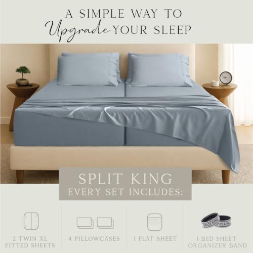 Image of KARISSA MAE 7 Piece Luxury Bamboo Viscose Split King Sheets, FSC Certified | Includes 2 Twin XL Fitted Sheets | Sleep Number & Adjustable Bed | Cooling | 18 inch Deep Pocket | 4 Pillowcases [Chambray Blue]