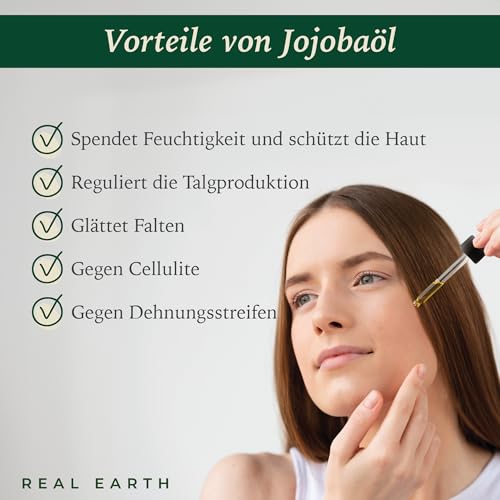 Jojobaöl Bio 100ml – 100% Reines & Kaltgepresstes Gesichtsöl – Für Haut, Haare, Nägel – Feuchtigkeitspflege gegen Akne, Falten & Dehnungsstreifen – Vegan – Real Earth