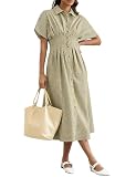 MSBESYOR Women Button Front Pleated Shirt Maxi Dress Summer Striped Prints Short Sleeve Collar Casual Long Dresses Green