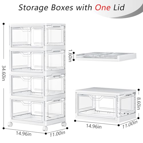 Image of SNSLXH Portable Clear Storage Bins with Lid & Wheels, 24QT Clear Storage Bins with Lid, 4-Tier Plastic Bins with Wheels, Stackable, Magnetic Doors, for Bedroom, Living Room, Office