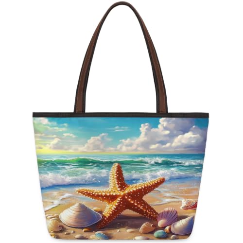 Sac fourre-tout zippé motif coquillage, grand sac à main femme polyester pour voyage et travail