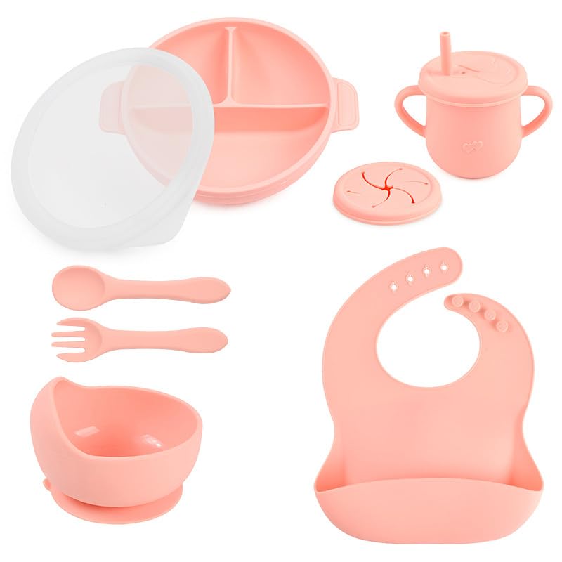 Image of Silicone Baby Feeding Set - Perfect silicone plates for baby and Toddler Plates with lid, Baby Bowls with Suction, Baby Utensils - Baby Led Weaning Supplies and Eating Essentials - (Peach)