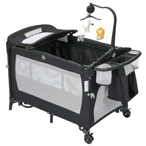 Cuna de viaje portátil 4 en 1 para bebé, cuna auxiliar, cuna auxiliar, cambiador, parque infantil con cambiador para recién nacidos, bolsa de almacenamiento, colchón, gancho giratorio para juguetes
