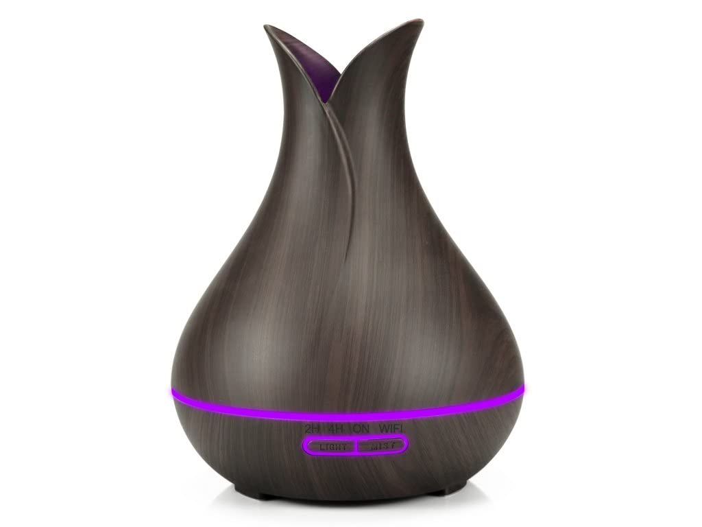 Diffusore di aromi elettrico per oli essenziali con Alexa e Google Home. 4 in 1 lampada profumata decorativa, purificatore d'aria e umidificatore per camera da letto, ufficio, yoga (legno scuro)
