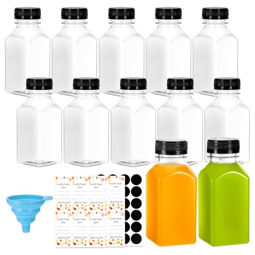 Hejo 12 Piezas Botellas de Jugo, 250 ML Botellas de Plástico Reutilizables con Tapa, Botella de Chupito Transparentes, Botella Vacías con Etiquetas para Jugo Salsa Leche (Tapa Negra)