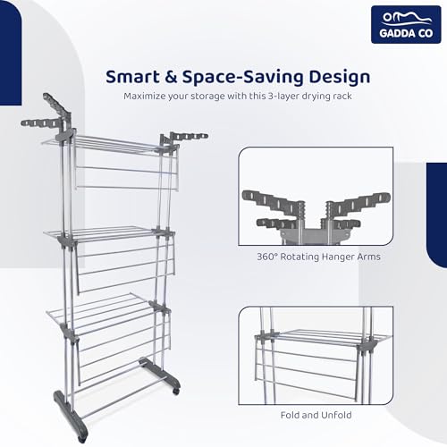 Image of GADDA CO Stainless Steel Double Pole 3 Layer Cloth Drying Stand with Hanger |Heavy Duty Rust-Proof Steel Clothes Drying Rack | Foldable Laundry Stand for Indoor & Outdoor Use | Grey -71 x 31 x 17 Inch