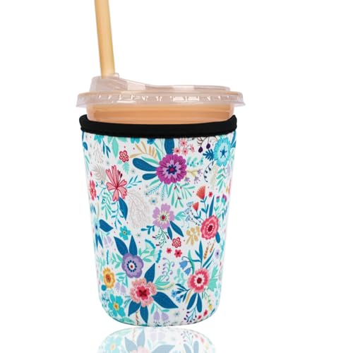 Image of Reusable Insulated Sleeve for Iced Coffee Cup, Coffee Neoprene Sleeve for Cold & Hot Drinks, Beverage Holder for Iced Coffee (Boho Floral, Small: 16-18oz)
