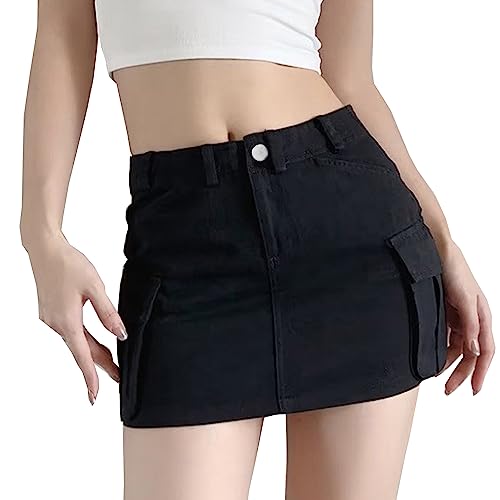 Women's Low Waist Cargo Skirt Button Mini Cargo Denim Skirt with Pocket3