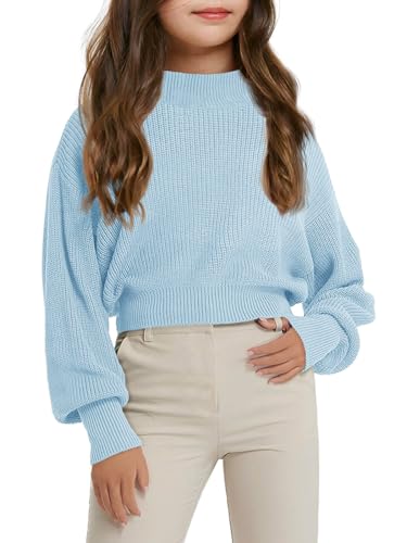 Image of Haloumoning Girls Knit Pullover Sweaters Mock Neck Long Lantern Sleeve Jumper Tops 5-14 Years
