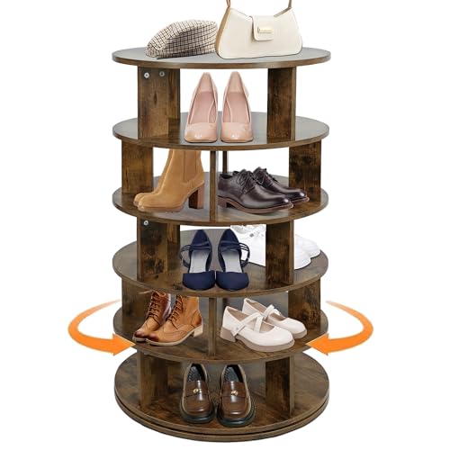 MOHQZA Zapatero giratorio de madera, 360°, 5 niveles, zapatero y vitrina de bolsillo, ahorro de espacio, redondo, para entrada, vestidor y pasillo (marrón vintage)