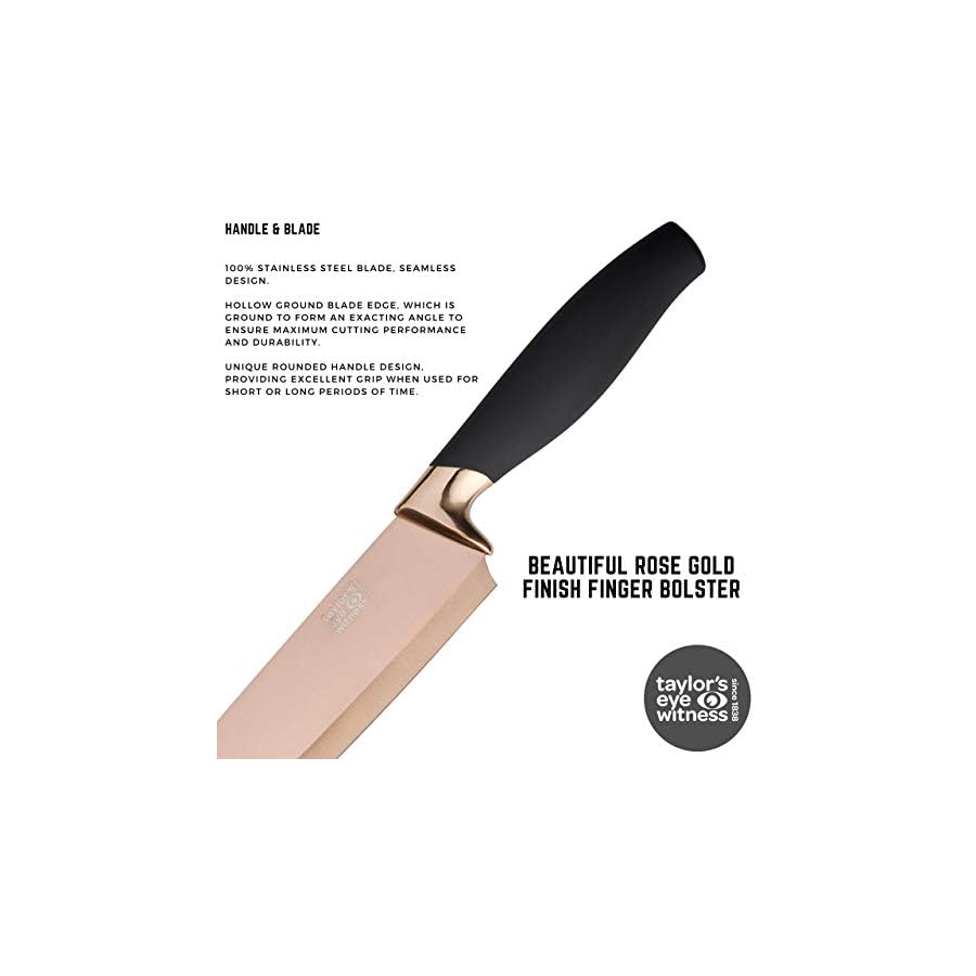 5pc-Kitchen-Knife-Set-Block-Brooklyn-by-Taylors-Eye-Witness-Rose-Gold-Coloured-Bolsters-Finely-Ground-Razor-Sharp-Titanium-Coated-Matching-Blades-Soft-Grip-Handles-Modern-Fan-Shaped-Holder 5pc Kitchen Knife Set & Block - Brooklyn by Taylors Eye Witness. Rose Gold Coloured Bolsters, Finely Ground Razor Sharp Titanium Coated Matching Blades. Soft Grip Handles. Modern Fan Shaped Holder.