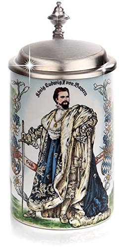 Gravuren Feller Bierkrug König Ludwig mit Zinndeckel - Porzellankrug...