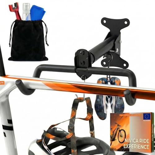 Soporte Bicicletas Pared, Soporte de Pared Para Bicicletas, Plegable, Ángulo y Distancia Ajustable, Extra Acolchado, Gancho para Casco y Calas, Con Kit Limpieza Bici y Guía Digital Montaje Rápido