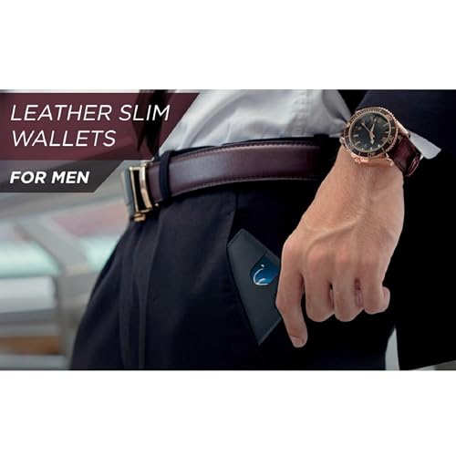 Image of Contacts Genuine Leather Money Clip Wallet Slim Front Pocket RFID Blocking Card Holder Minimalist Mini Bifold for Men's with Smart Pull Strap 8 Card Slots Photo ID (Blue)