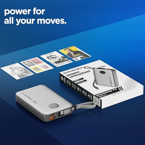 Image of Nu Republic Powerpop X4 10000mAh 22.5W Power Bank, Built-in Type-C & Lightning Cables, 4 Outputs, Quick Charge 3.0, PD Fast Charging, LED Display, Aluminium Body (Silver)