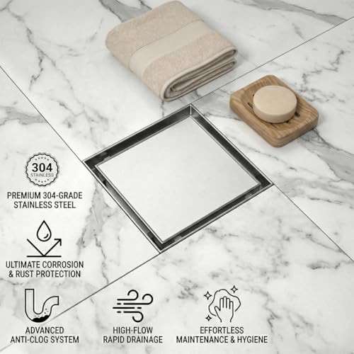 Image of EVANEX Tile Insert Floor Drain|Square Drainer Channel|5x5 Inches Invisible Shower Drain Channel|304 Stainless Steel Waste Water Floor Drain with Cockroach Trap|Drainer Channel|Bathroom Accessories Set