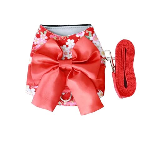Yucahype 犬服 猫服 和風 蝶結び S-L 花柄 牽引ロープ 和服 着物 お正月晴れ着 正月 七五三 (S レッド)