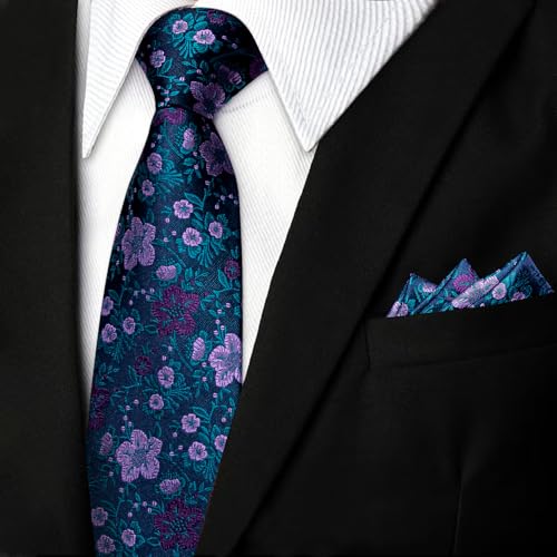 Image of DiBanGu Silk Floral Ties for Men Woven Paisley Necktie and Tie Clip Handkerchief Cufflinks Set for Party Wedding