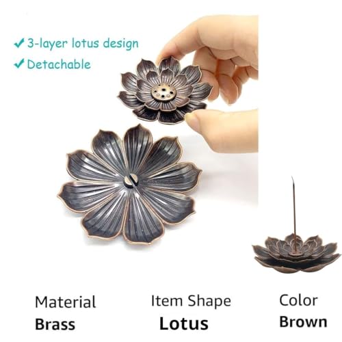 Image of SATYAM KRAFT 1 Pcs Lotus Flower Design Agarbatti Stand Incense Holder Detachable Ash Catcher Metal for Decorations Setup, Home, Pooja, Mandir, Wedding, Spiritual Events, Insence Burner (Bronze)