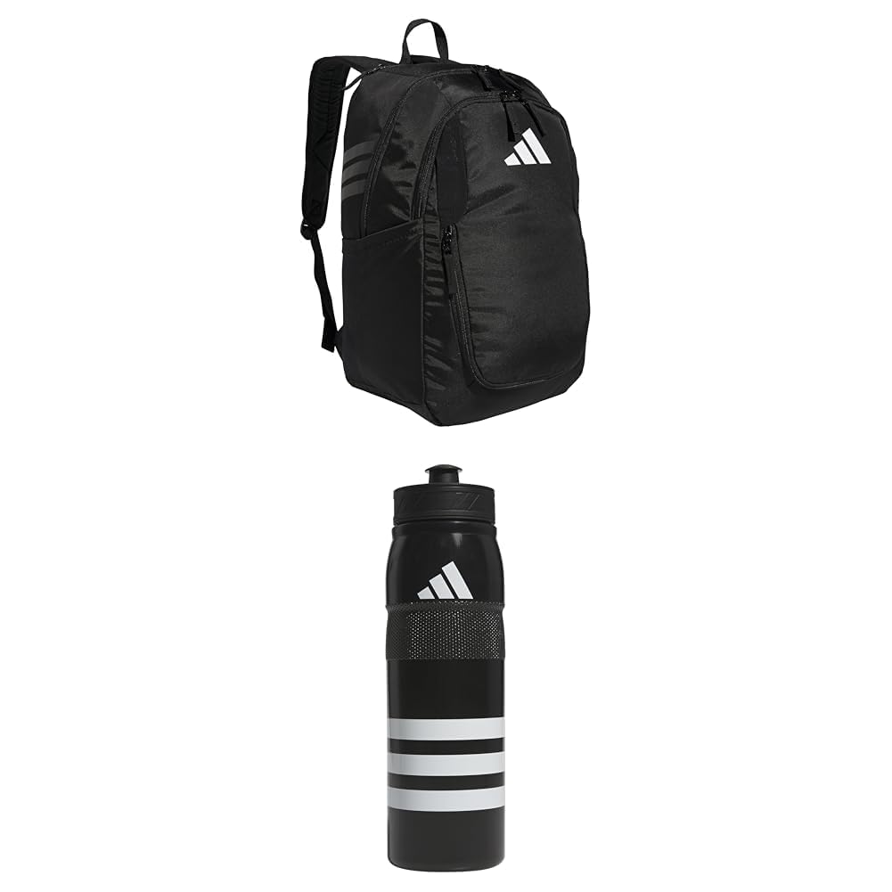 adidas Stadium Team Sports Backpack (36L) + 750 ml (28 oz) Refillable Plastic Sport Water Bottle, Black + Black/White/Black, One Size