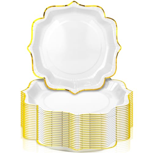 Blushtier 100 Pack Paper Plates with Gold Foil Edges Disposable Scalloped Plate 9 Inch Salad Dessert Dinner Plates Wedding Birthday Baby Shower Bridal Shower Decorative Party Plates (White)