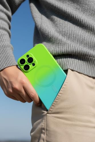 Image of amazon basics Gradient Mag-Safe Case for iPhone 16 Pro Max | Soft Silicone Shockproof Cover with Camera Protection | Slim Lightweight Design | Smooth Touch & Durable - Green & Blue